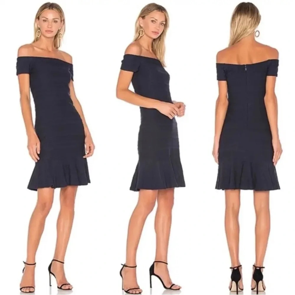 Rebecca‎ Taylor Womens Off-the-Shoulder Textured Knit Dress Navy Size NWOT